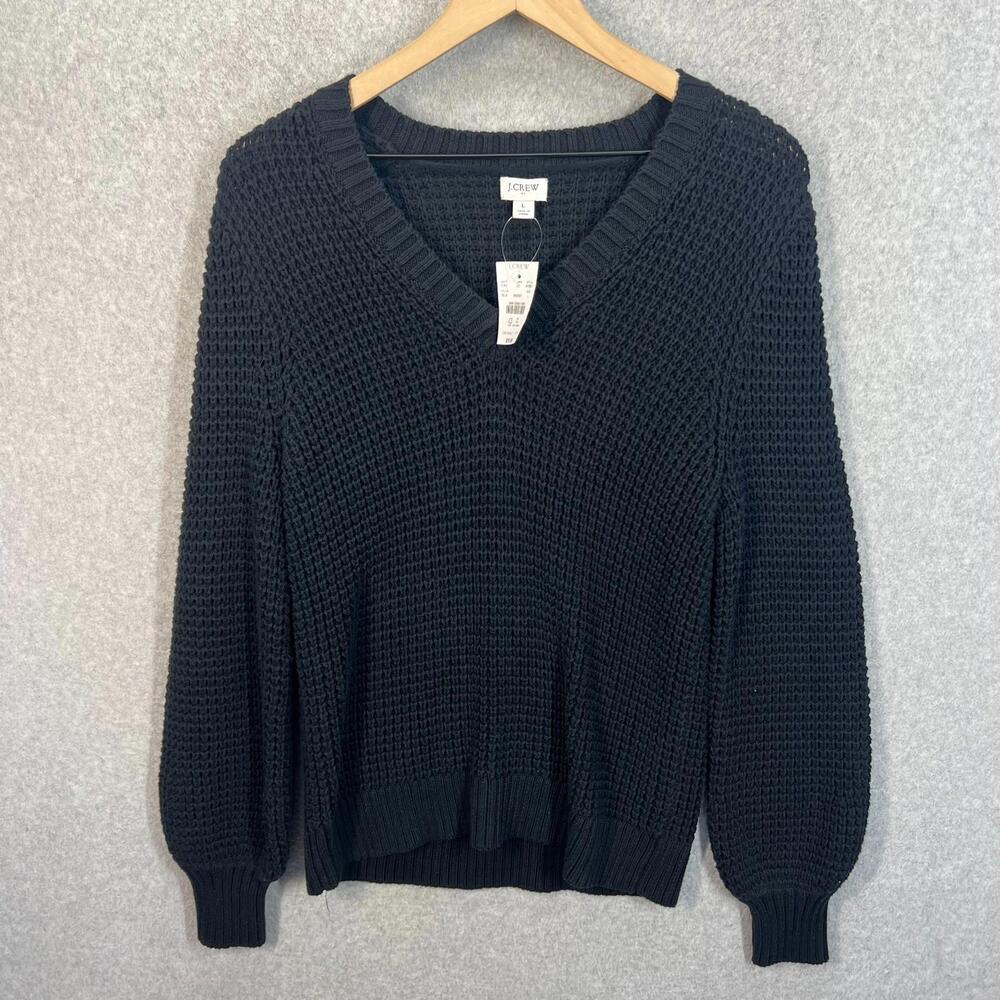 J CREW Textured Cotton Waffle Knit Sweater Womens L Black V Neck Puff Sleeve NWT